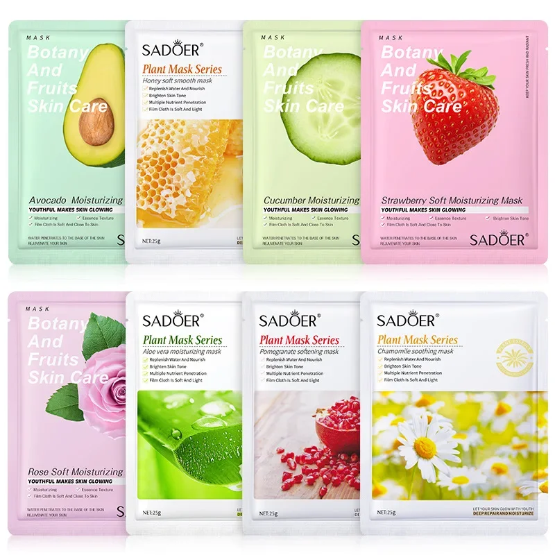 Sadoer Natural Fruit Plant Facial Mask Sheets Moisturizing Oil-Control Blueberry Cucumber Pomegranate Fruit Aloe Vera Face Mask